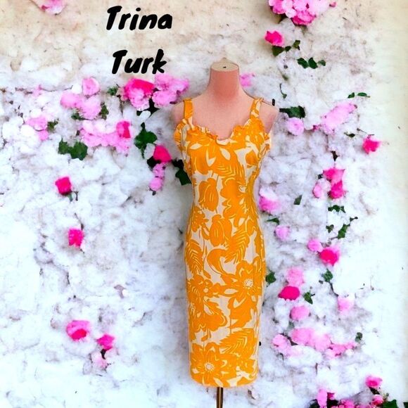 TRINA TURK NWT SIZE 6 SUN DRESS ORANGE/WHITE FLORAL PRINT - Picture 1 of 10